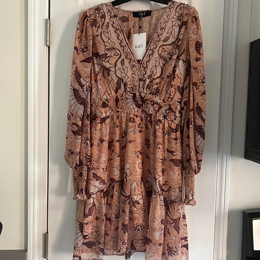 O.P.T. Anthropologie Pink Floral Mini Bohemian V Neck Long Sleeve Dress